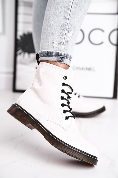 Dámské Kotníkové Ploché Boty Lakované Bílé Marita