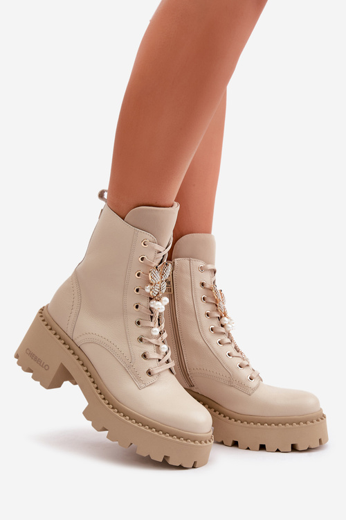 Kožené Boty Worker Dámské S Motýlem Béžové CheBello 4590