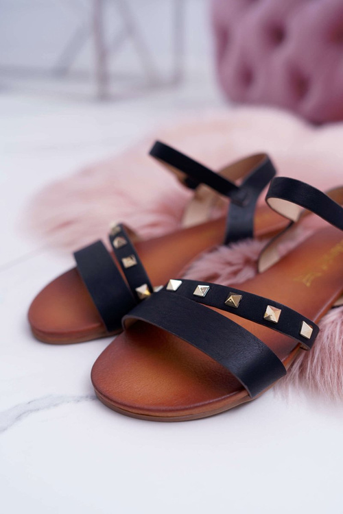 Dámské Sandály Ploché Zlaté Dekorace Černé Raven