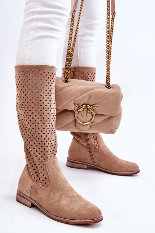 Dámské semišové prolamované kozačky nad kolena Béžove Savannah