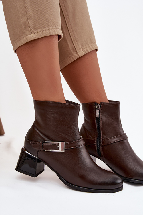 Kožené dámske topánky na podpätku s prackou Zazoo 60562 Čokoládové