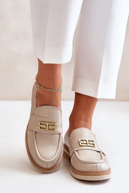 Zazoo 20174 Kožené Elegantní Polobotky Dámské Na Plochém Podpatku Béžové