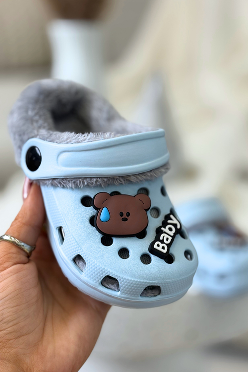 Penové detské žabky s kožušinkou s prackami Modré Cerelle