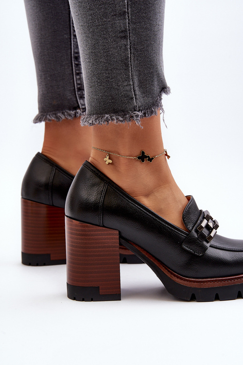 Členky na masívnom opätku s ozdobou čierne Oradna