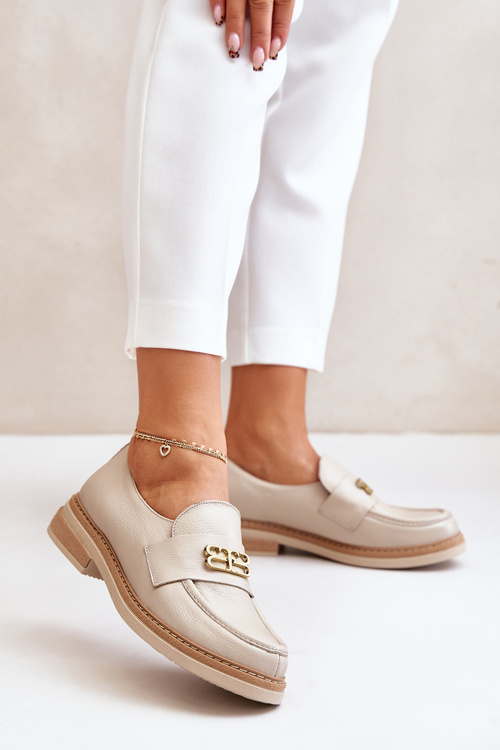 Zazoo 20174 Kožené Elegantní Polobotky Dámské Na Plochém Podpatku Béžové