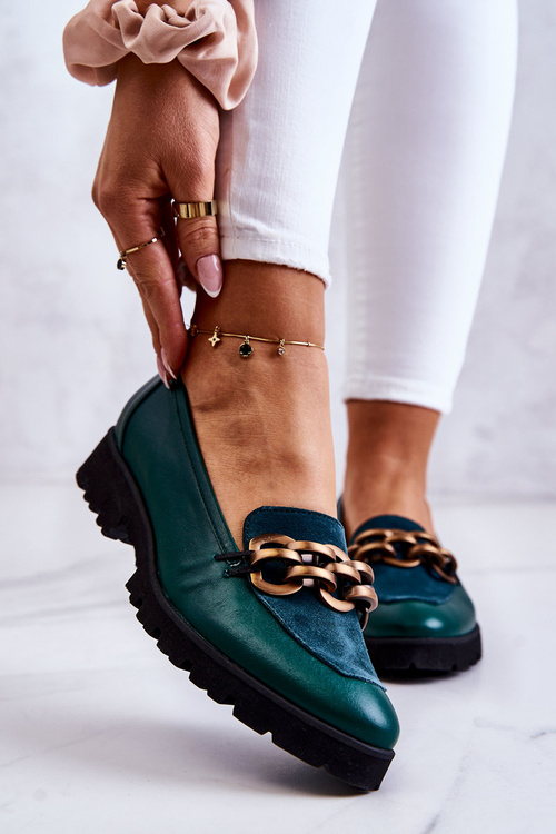 Elegantní kožené mokasíny se řetízkem zelene Geneva
