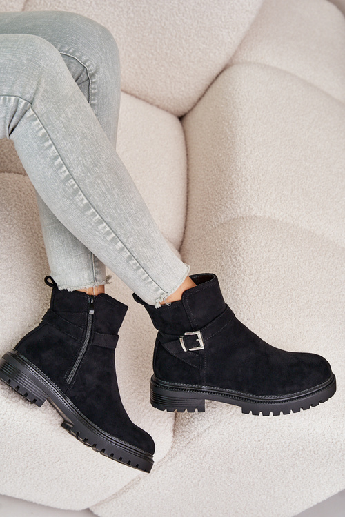 Zateplené kotníkové boty na zip s přezkou černé Kikiella