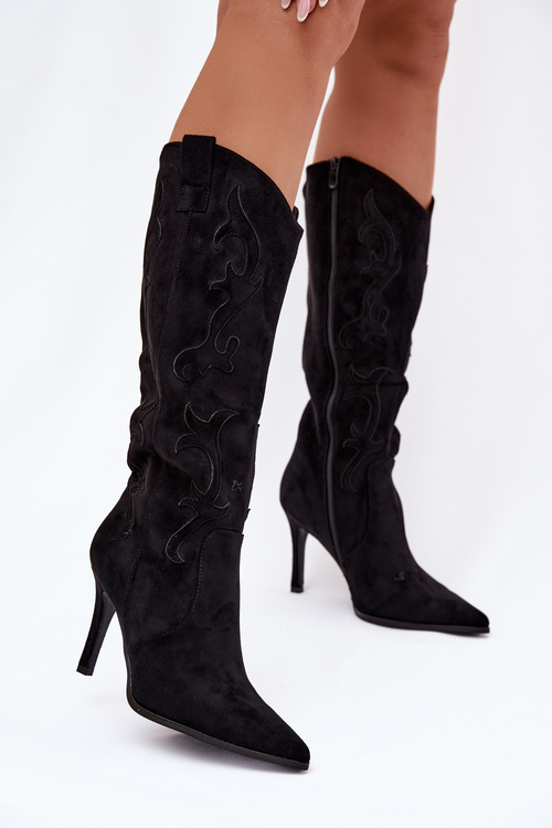 Dámské kozačky na podpatku cowboye z eko semiše černé Belonia