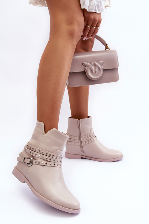 Zdobené kožené dámske ploché podpätky béžová adkrana