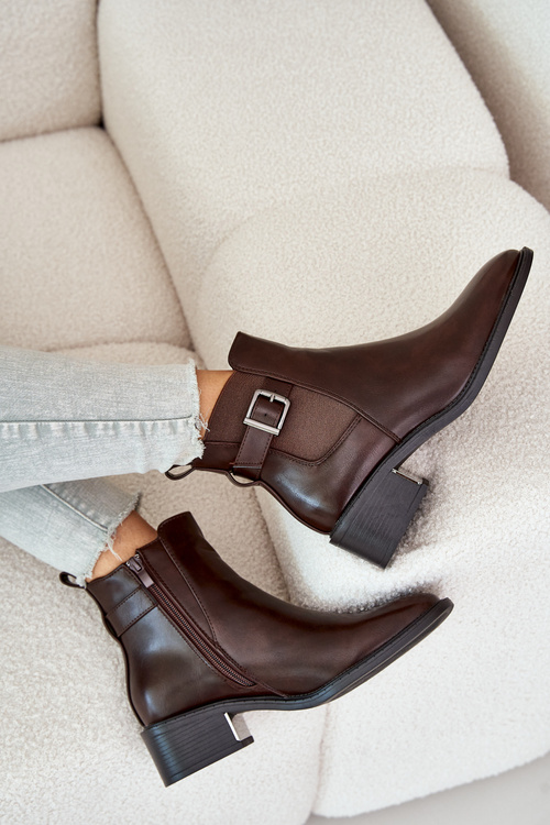 Dámské Kotníkové Boty Na Nízkém Podpatku Se Zlatou Sponou Hnědé Vomera