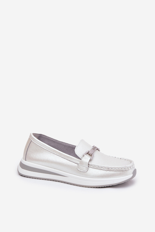 Kožené dámské mokasíny s ozdobou D&A LR51-966 stříbrné