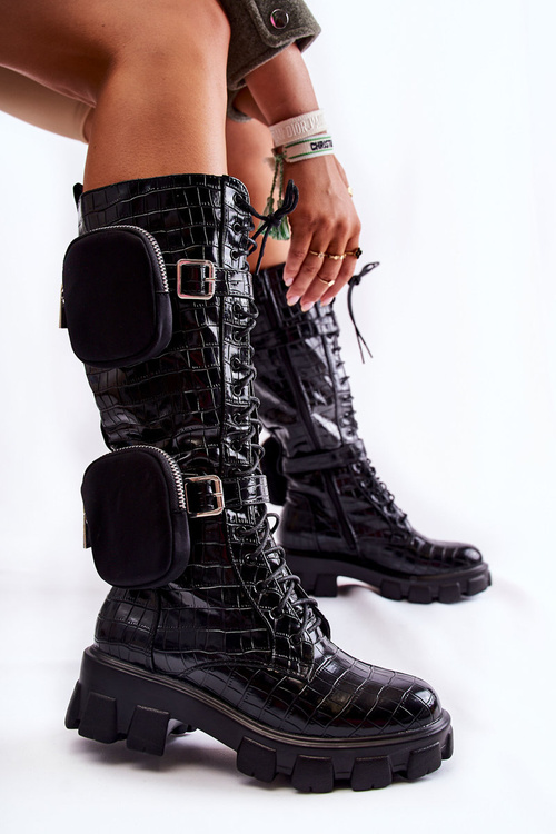 Izolované Kozačky S Kabelkami A Zvířecím Vzorem Černé Military