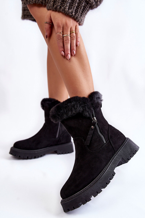 Semišové Boty S Kožešinou Na Zip Černé Rezan