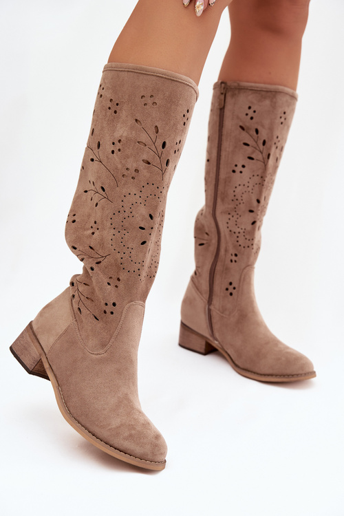 Ažurové dámské kozačky na klínu béžové Helinna