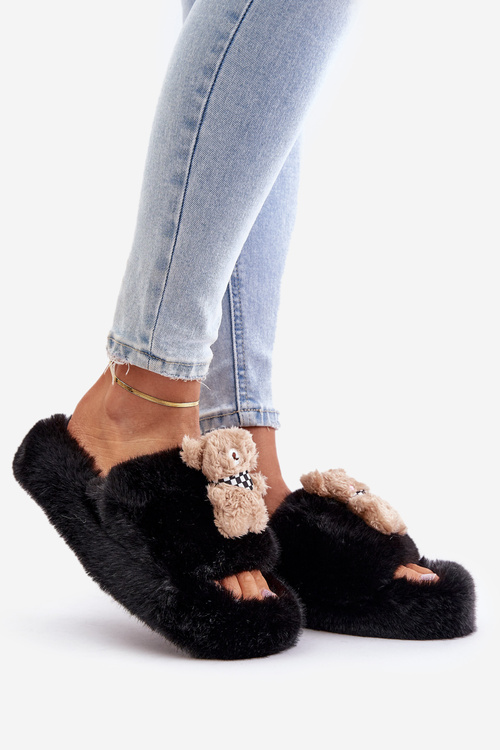 Dámske Kožušinové Papuče S Medvedíkom Čierne Romania