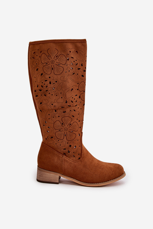 Dámské nízké kozačky s perforací z eko semiše se zapínáním na zip Camel Orchides