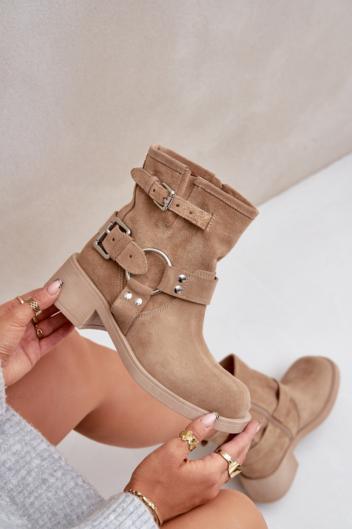 Dámské Semišové Boty Na Nízkém Blokovém Podpatku Se Pásky Zazoo 3644 Béžové