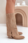 Semišové Čižmy Do Polovice Lýtka S Otočeným Svrškom Na Podpätku Béžové Zazoo 3487