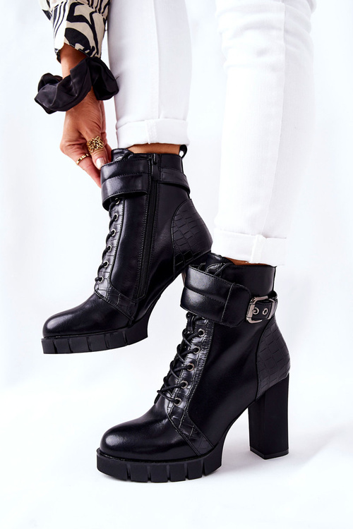 Topánky na vysokom stĺpiku čierne viazané fasha