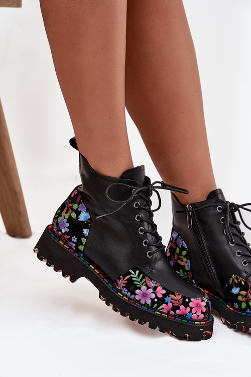 Kožené dámske čižmy s kvetmi zateplené Artiker 57C0180 Čierne