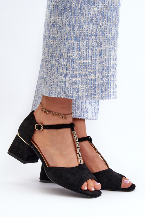 Dámské sandály na podpatku s ozdobným páskem eko semišové černé Obivena