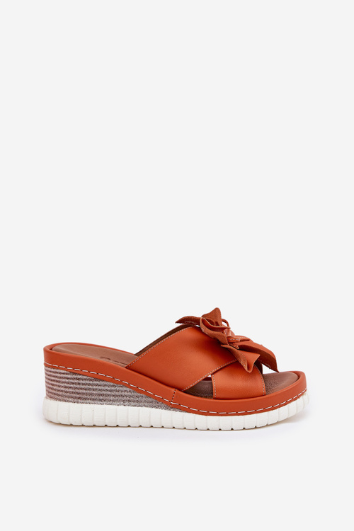 Kožené Dámské Sandály Na Klínu S Dekorativním Květinou Artiker 52C0505 Oranžové