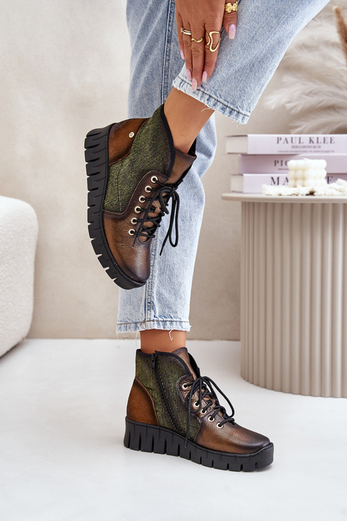 Kožené Čižmy Na Platforme A Opätku Maciejka 06702-09 Zeleno-Zlaté