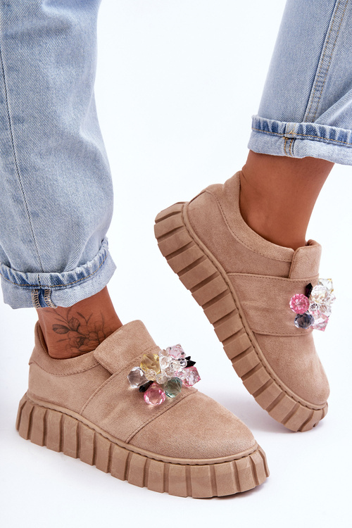 Modní Sportovní Slip-on Boty Polobotky s Ozdobou Tmavě Béžovou Desire