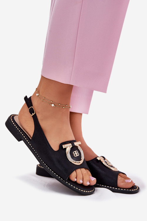 Elegantné Sandále S Dekoráciou Na Plochéj Päte S.Barski KV51-003 Čierne