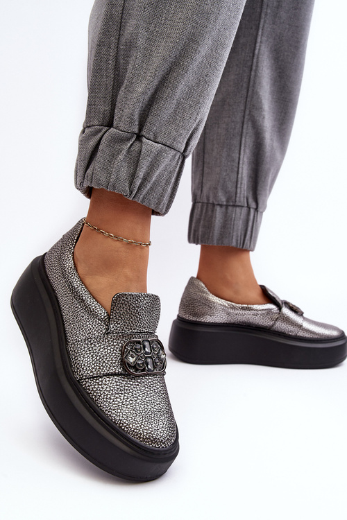 Kůže Dámské Polobotky Na Platformě S Ozdobou Laura Messi 2697/810 Stříbrné