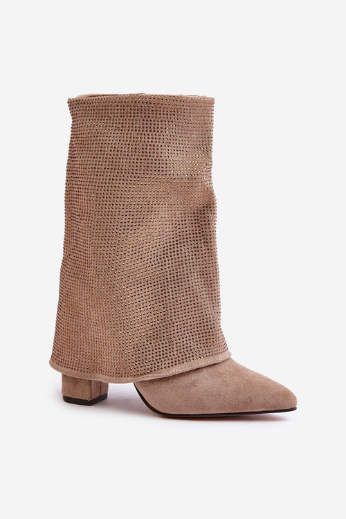 Ozdobené Lesklé Čižmy S Otočeným Zvrškom Na Opätku Zateplené Béžové Xistaria