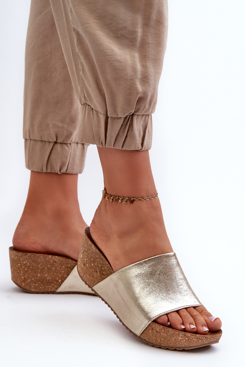 Zazoo 40289 Kožené Dámske Dreváky Na Korkovom Podpätku Zlaté