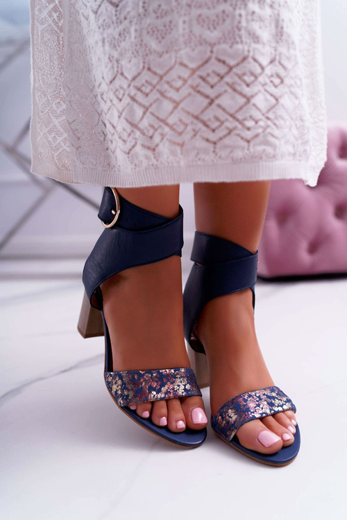 Dámské kožené sandály na vysokém podpatku tmavě modré Maciejka 03597