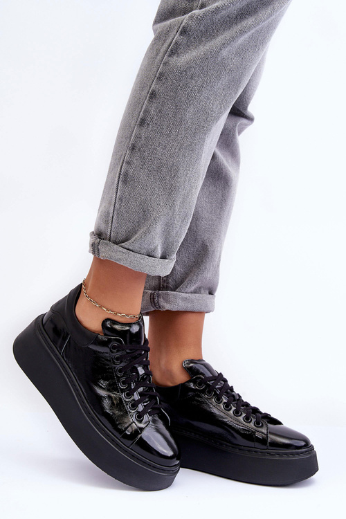 Dámské sportovní boty lakování na platformě černé Lemar 10150