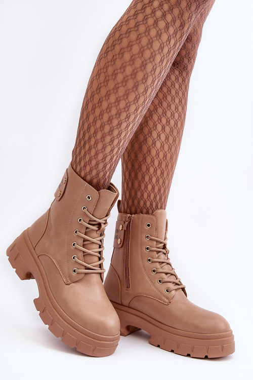 Dámské Workery Botky Šněrovací Na Plochém Podpatku Bežové Brenhile