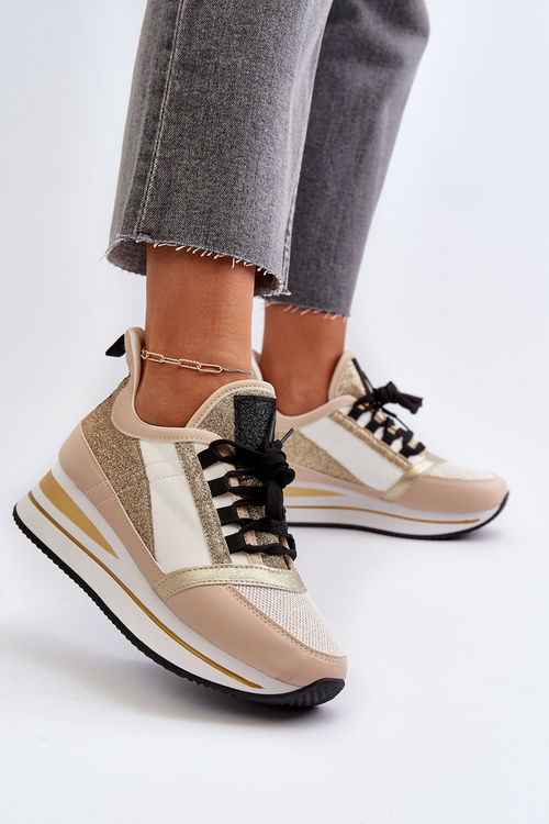 Dámske tenisky na platforme a s čižmou z brokátu zlaté Rafani