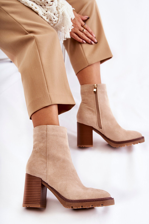 Dámské semišové kozačky na podpatku se zipem béžove Odette