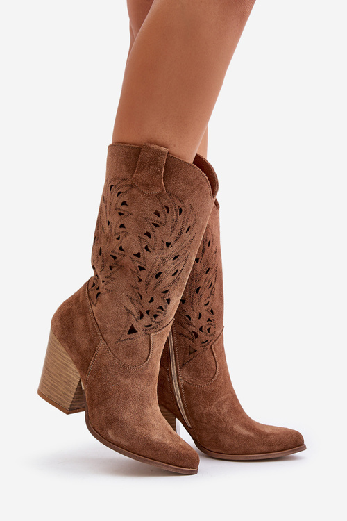 Děrované Kozačky Do Poloviny Lýtka Na Podpatku Zamšové Lewski 3609 Hnědé