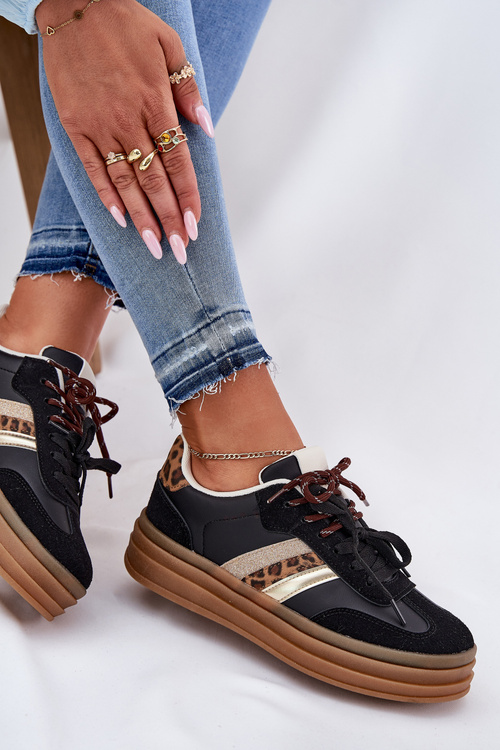 Dámské Tenisky Na Platformě S Dvojitým Šněrováním Leopardí Černé Niteria