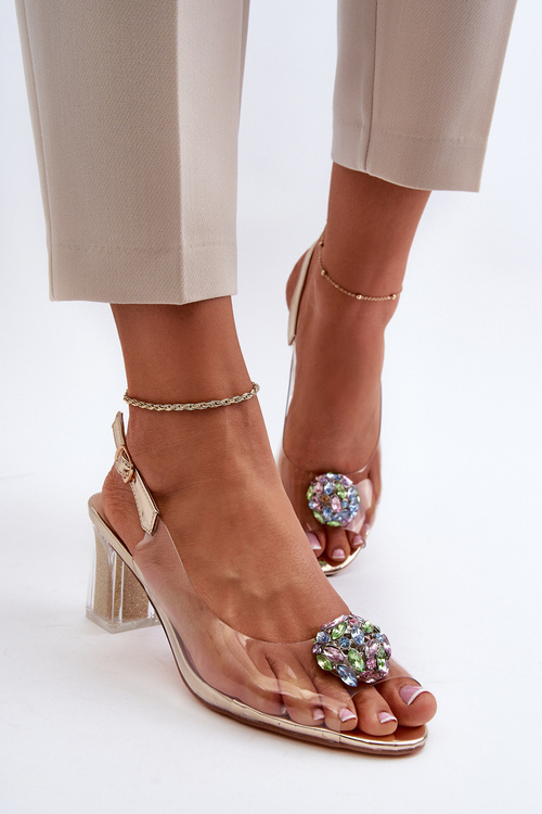 Priehľadné sandále na opätku zlaté MR38-112