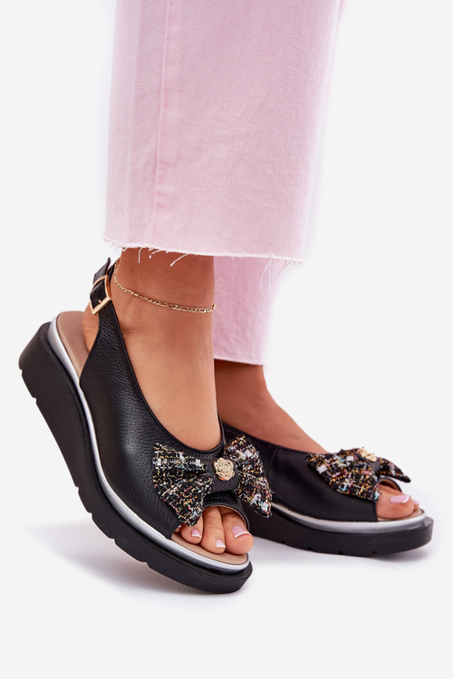 Dámske kožené sandále na klíne s mašľou Zazoo 1882 čierne