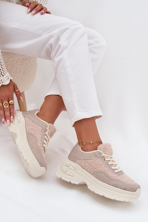 Dámske Tenisky S Kryštálmi A Ovčou Kožušinkou Svetlo Béžové Zarika