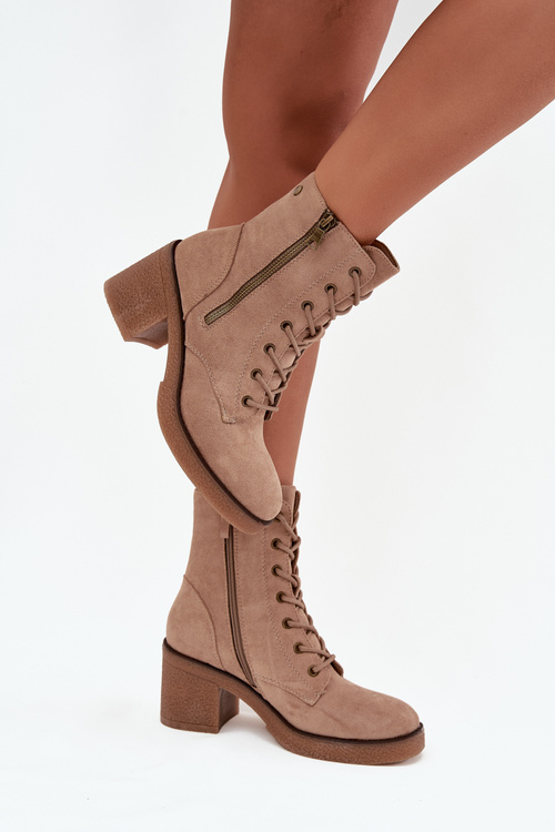 Zateplené dámské kotníkové boty s šněrováním a zipy béžové Paressa