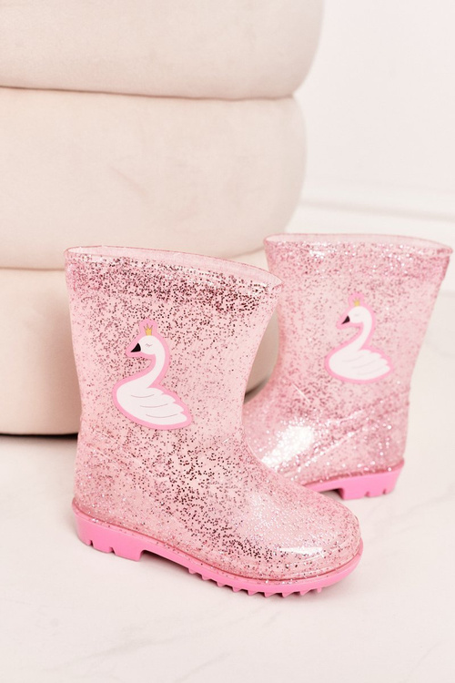 Detské brokátové galoshes s labuťmi ružovou farbou