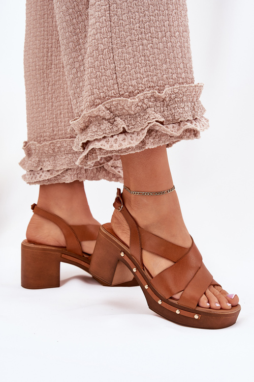 Kožené sandály na podpatku Zazoo 1081 hnědé