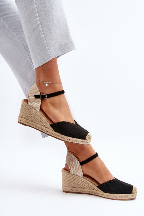 Zamšové sandále espadrily na klinovej podrážke s pletením čierne Raylin