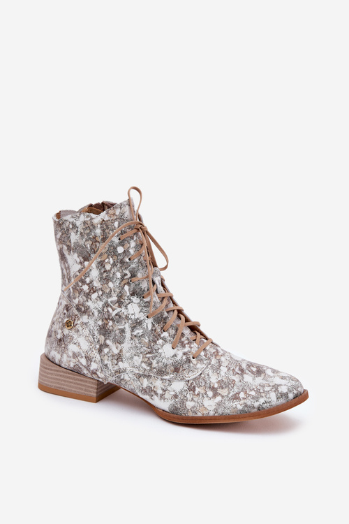 Kožené Vzorované Čižmy Na Plohom Opätku Maciejka 06391-25 Béžové