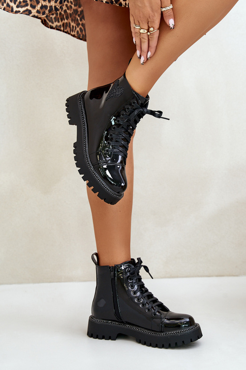 Lakované Boty Na Zip S Dekorativním Srdcem Černé Obeena