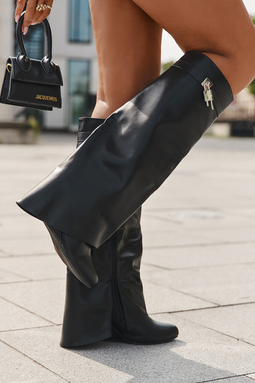 Dámske čižmy na platforme s pásikom a strieborným detailom Eko koža Čierne Korivelle