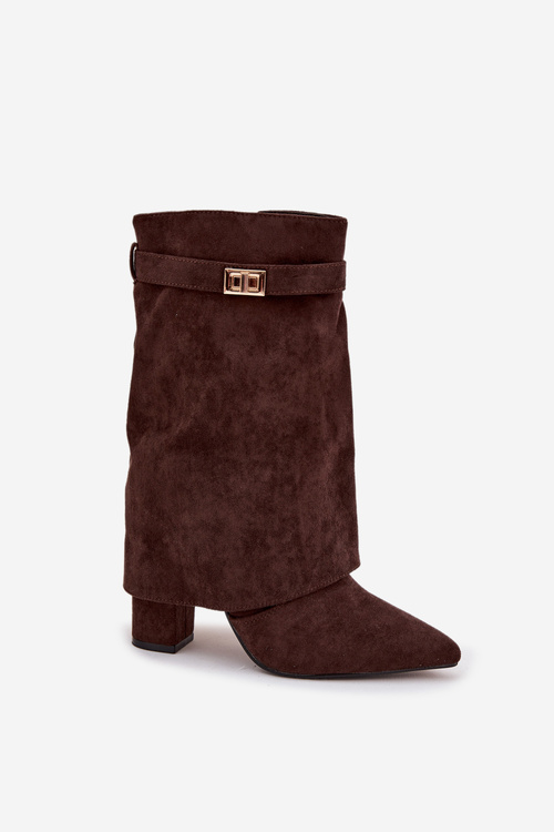 Zateplené dámske čižmy na podpätku s ozdobnou páskou čokoládové Luvielle